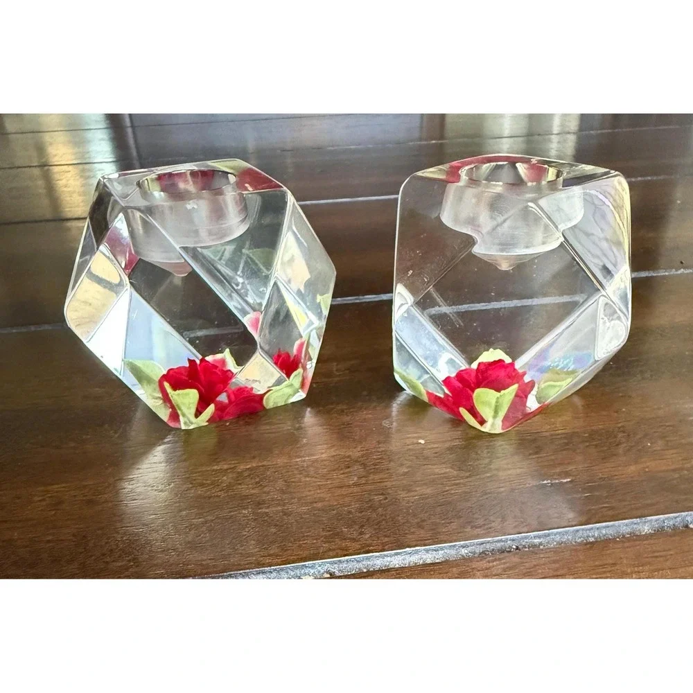 Birdcraft MCM Lucite Red Rose Candle Holders Vintage Geometric Set of 2
